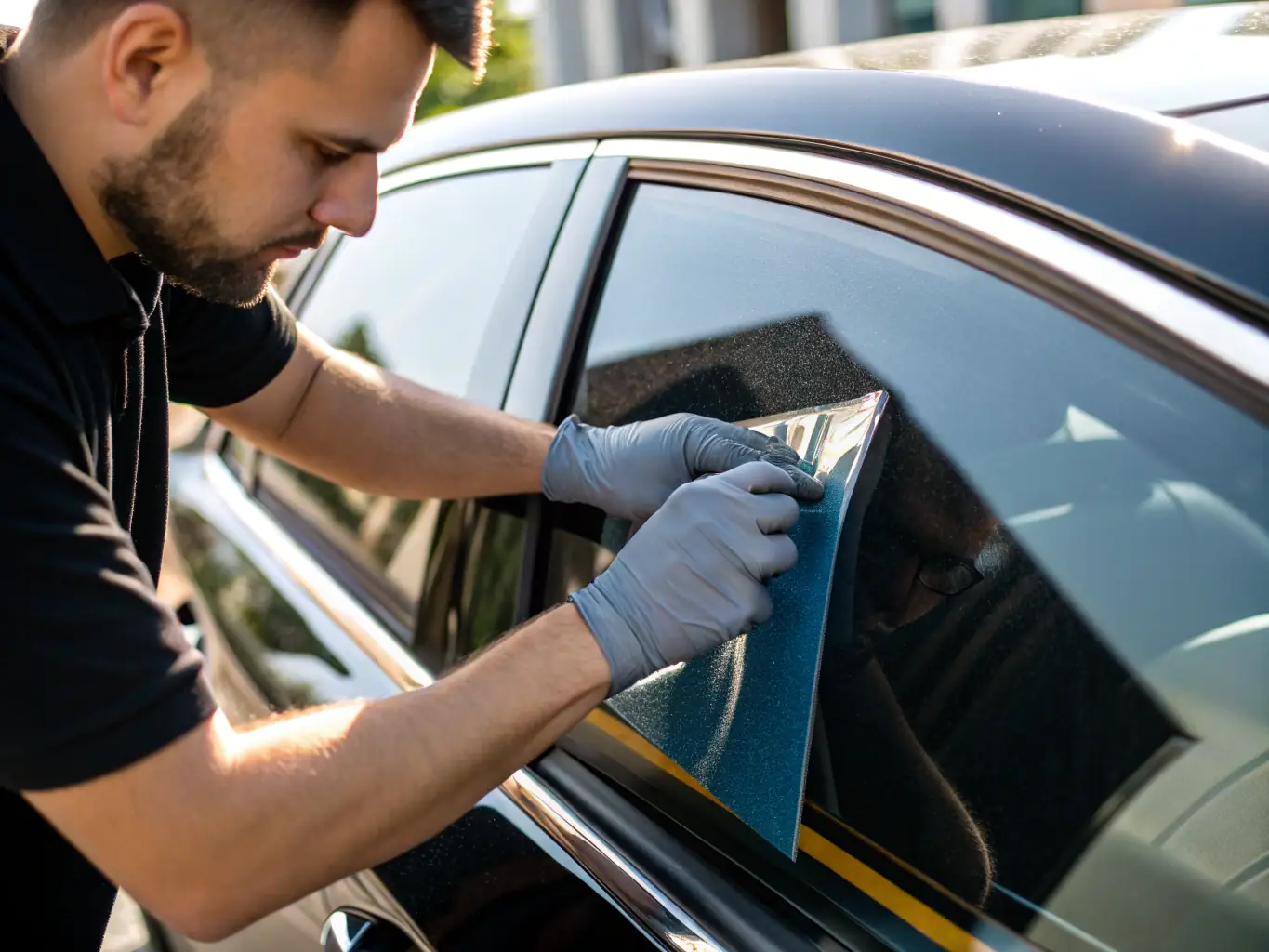 A close-up shot of a car window being tinted, showcasing the precision and expertise of the technician, with a focus on the dark luxury vibe.
