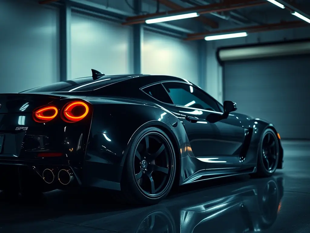 A sleek sports car with a vibrant vinyl wrap, parked in front of the Noir Customs shop, highlighting the custom aesthetic and attention to detail.