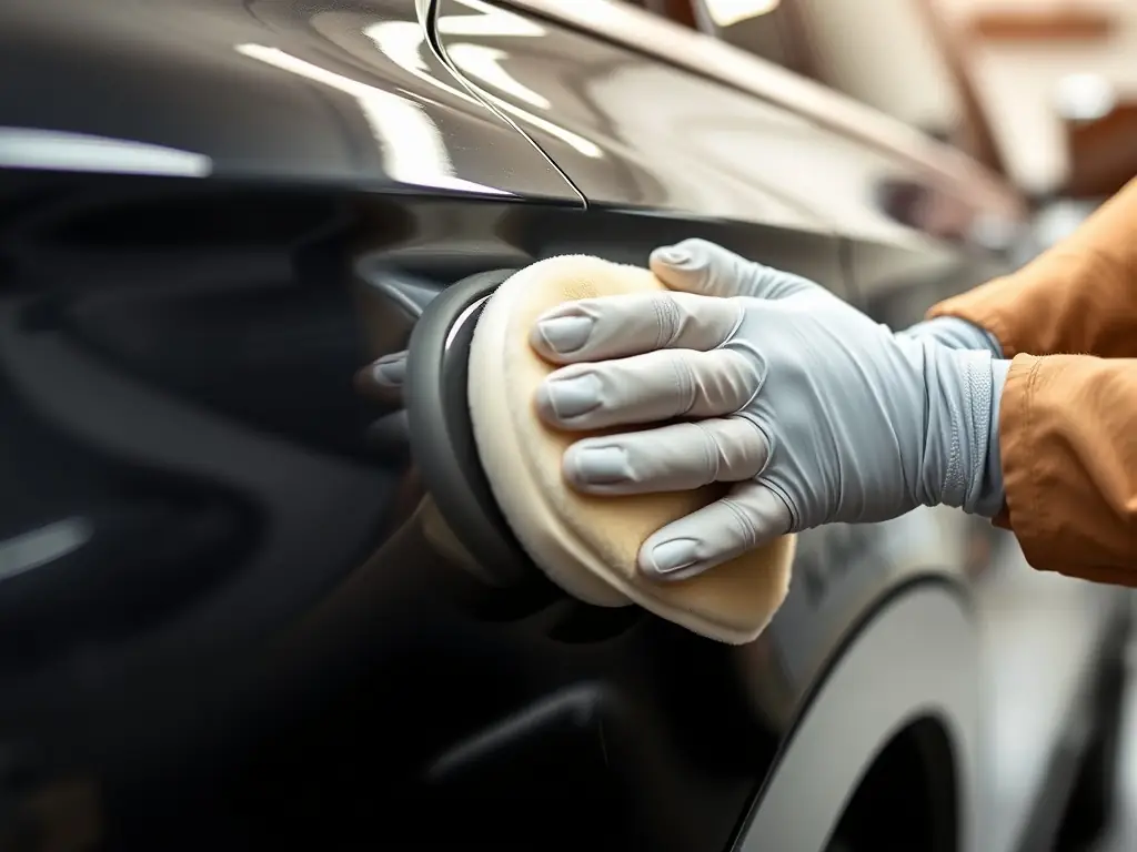 A close-up shot of a technician's hands carefully polishing the surface of a luxury car, reflecting light and showcasing the meticulous attention to detail.